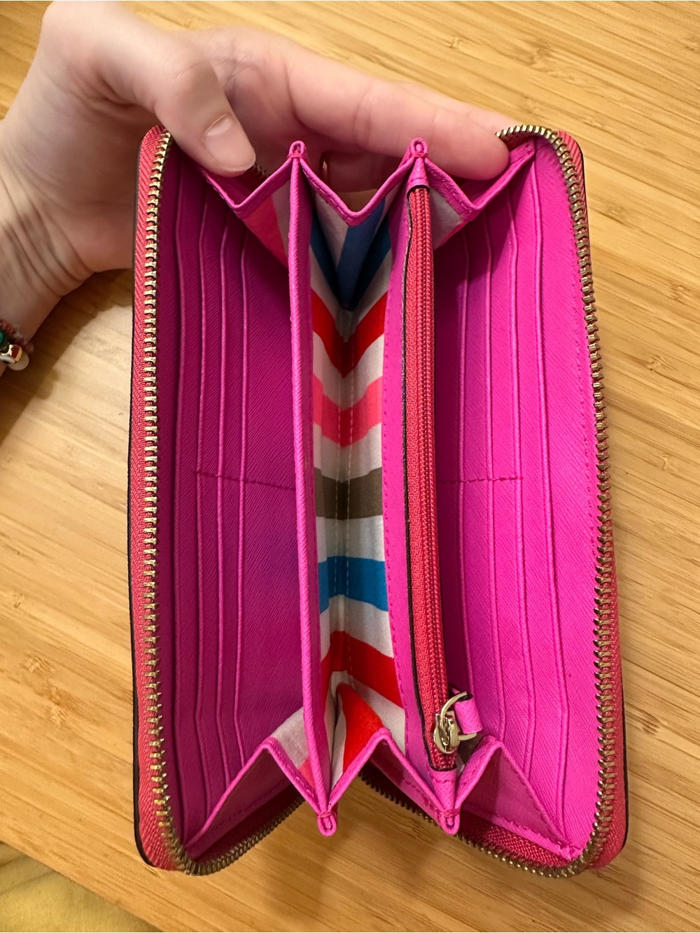 Kate Spade Pink Wallet with Striped Lining and Gold Plaque Detailing - Picture 4 of 9